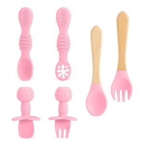 OKOLAY Set perlengkapan makan bayi silikon, tas penyimpan susu payudara 2 cukin, piring isap terpisah, Set makanan bayi silikon merah muda, desain Populer - Product Image 5