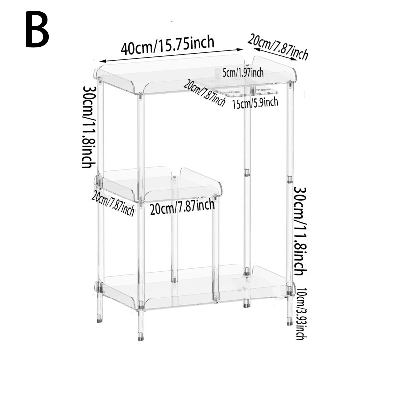Estante de almacenamiento cuadrado transparente de 3 niveles con soporte para vasos.
