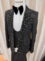Costume homme 3 pièces vintage tendance respirant en laine peignée style européen avec broderie de strass noirs sur le bas de la veste, taille plus