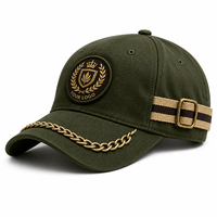 Casquette de baseball structurée et incurvée, style militaire vintage délavé, avec logo personnalisé, patch couronne, écusson laurier et chaîne dorée sur la visière