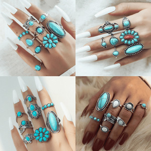 Fanyue lindo 2024 <span class=keywords><strong>Bohemia</strong></span> Retro turquesa anillos conjunto para mujeres nudillo anillos conjunto - Product Image 2
