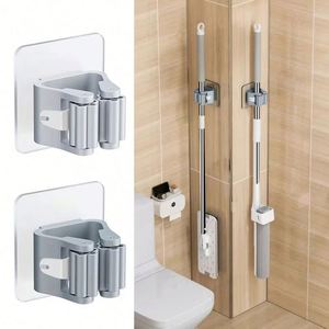Waterproof PVC Wall-Mounted Kitchen Bathroom & Living Room Storage Rack with Eco-Friendly Traceless Mop <b>Clip</b> and Broom Hanger - Product Image 1