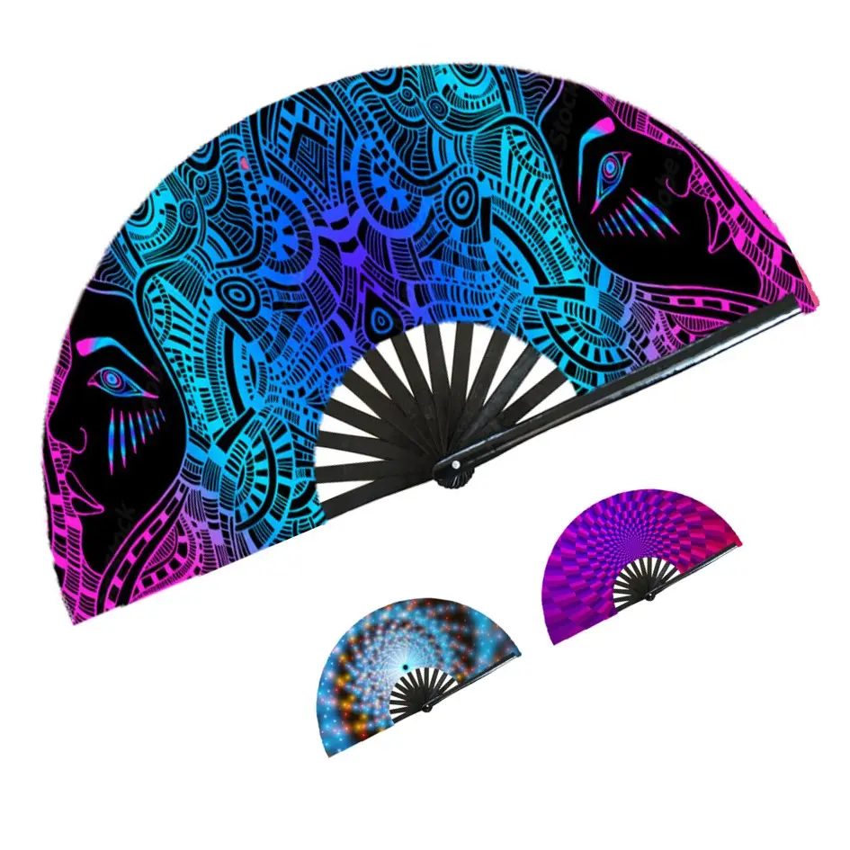 Custom Sublimatie Hand Fan Decoratieve Uv Glow Grote Bamboe Hand Ventilator Rave Vouwen Trippy Hand Fans