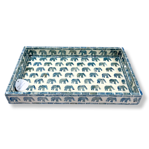 Juego de bandeja de MDF rectangular ecológica con patrón de elefante azul e incrustaciones de concha de Capiz blanca para almacenamiento - Product Image 2