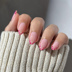 <span class=keywords><strong>Uñas</strong></span> Postizas Personalizables al por Mayor, de ABS, Color <span class=keywords><strong>Rosa</strong></span> Nude Transparente, con Corazones <span class=keywords><strong>Fucsia</strong></span> y Puntos, Forma de Almendra Francesa, Estilo Dulce y Picante - Product Image 1