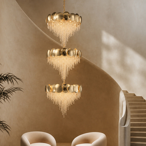 Lámpara colgante de cristal en cascada de lujo moderno con marco dorado de tres niveles para decoración de villas dúplex - Product Image 1