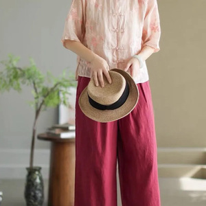 Traditional Chinese Style Embroidered Shirt Women Apricot Pink Loose Fit Summer Cotton Linen Top Open Front Button Closure - Product Image 3