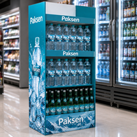 Présentoir de sol en carton graphique pour bouteilles d'eau, idéal pour la promotion de l'eau minérale pétillante
