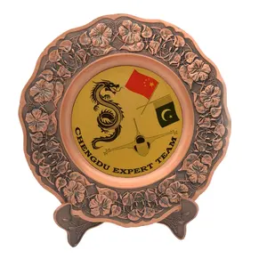 Antique bronze souvenir metal 3D embossed logo plate with customized sticker in the middle