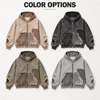 Sweat-shirt à capuche zippé intégral pour homme, personnalisé, délavé, vieilli, patchwork, avec étiquette tissée, pour marque streetwear, vente en gros de vêtements