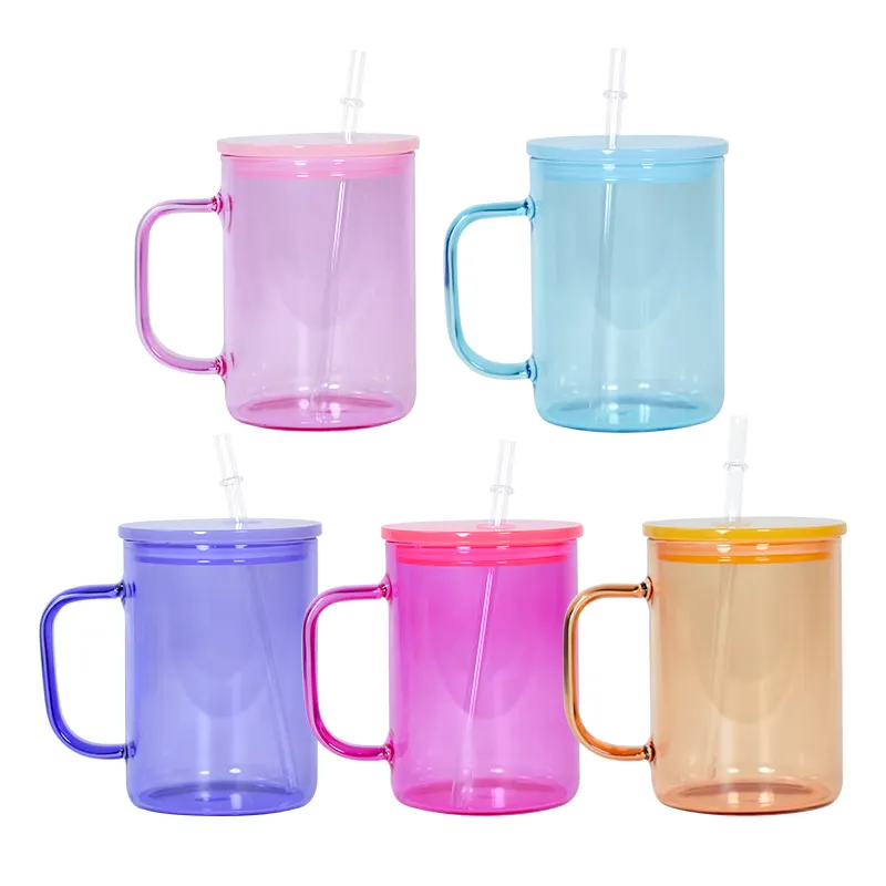 New Arrival 17Oz Kẹo Jelly màu sắc rõ ràng Tumbler xử lý thủy tinh có thể thăng hoa khoảng trống Glass bia có thể với đầy màu sắc nắp