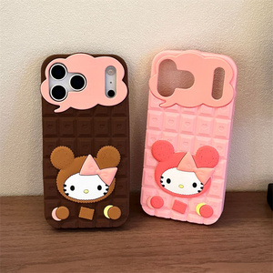 Coque de téléphone en silicone motif chat KT de dessin animé avec nœud pour iPhone 17 16 15 Pro Max, en caoutchouc souple antichoc, motif chocolat mignon et amour - Product Image 1