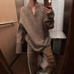 Cárdigan Holgado Unisex de Estilo Informal para Otoño e Invierno, con Capucha, Diseño Jacquard en V, Color Gris Café, para Hombre - Product Image 1