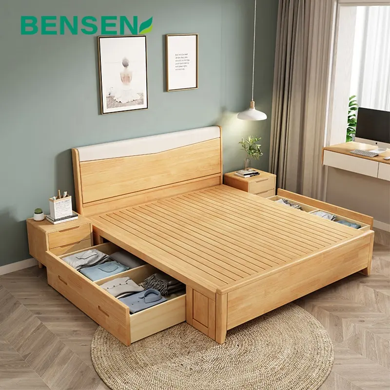 Room furnitures modern nordic style popular designs custom wholesale cheap box burlywood wooden king single bed frame with draw