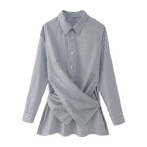 Camisa Entallada de Manga Larga para Mujer, Tejido Transpirable, Estampado de Rayas Versátil, Estilo Urbano para Primavera/Otoño, Blusa con Cinturón - Product Image 3