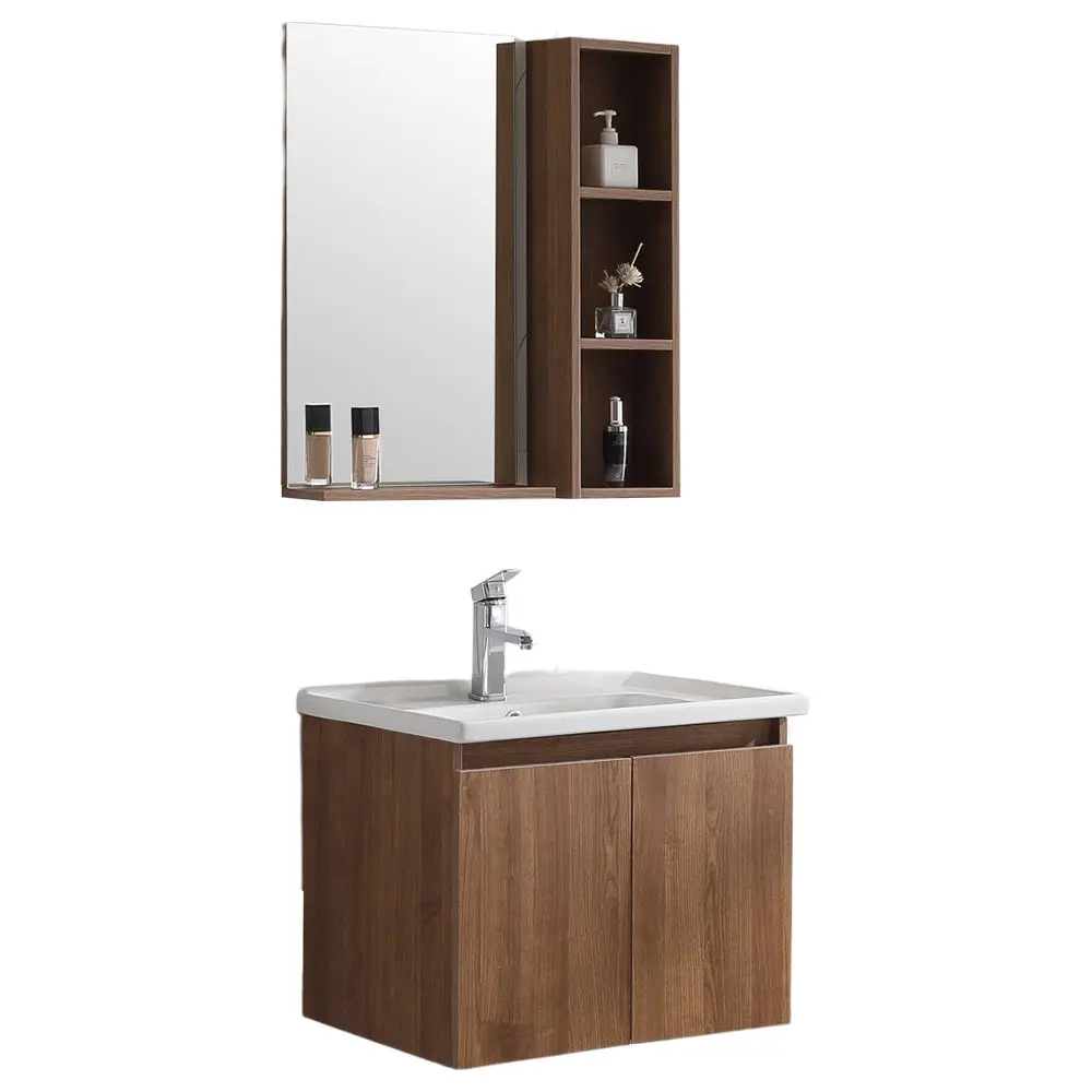 Espelho de madeira do banheiro do hotel com lavatório único