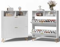 Meuble à chaussures moderne ultra-fin en bois blanc de 9 pouces, 2 tiroirs rabattables, montage facile, portes rayées, pieds en métal doré, gain de place, idéal pour hôtel