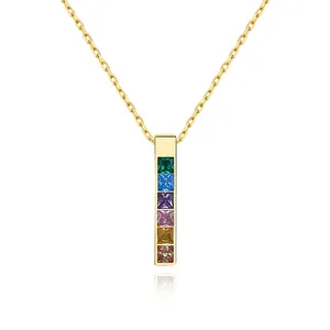 Trendy 925 Sterling Silver Jewelry Women Colorful CZ Zircon Stone Chakra Bar Necklace 18K Gold Plated Rainbow Necklace