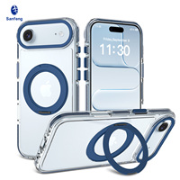 Étui de téléphone magnétique transparent Sanfeng avec protection à 360° °   Support rotatif pour anneau, cadre d'objectif en métal bleu, coque antichoc personnalisée pour iPhone 17 Air