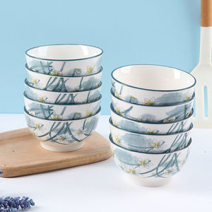 <b>Ceramic</b> Rice Bowl Set With Daffodil Design Stackable Household Steamed <b>Egg</b> Bowl 6pcs High Temperature Underglaze Decoration - Product Image 3