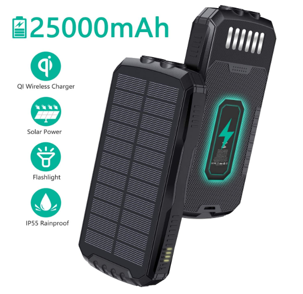 Outdoor Family Camping Upgrated Portable Mobile Solar Charger 20000Mah Waterproof Black Solar Power Bank