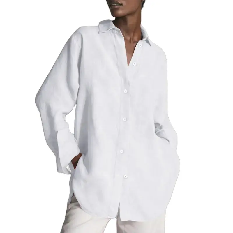 Camicia da donna in lino di cotone bianco personalizzata top da donna a maniche lunghe da ufficio Plus Size camicetta formale da donna Casual tinta unita