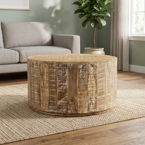 Mesa de Centro Redonda de Madera de Mango Hecha a Mano con Diseño Rústico, Muebles para Sala de Estar, Decoración - Product Image 2