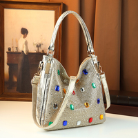 Sac Hobo de Luxe pour Femme, Orné de Strass et de Cristaux, Sac Fourre-tout Argenté avec Poignée Supérieure, Sac à Bandoulière et Sac Croisé