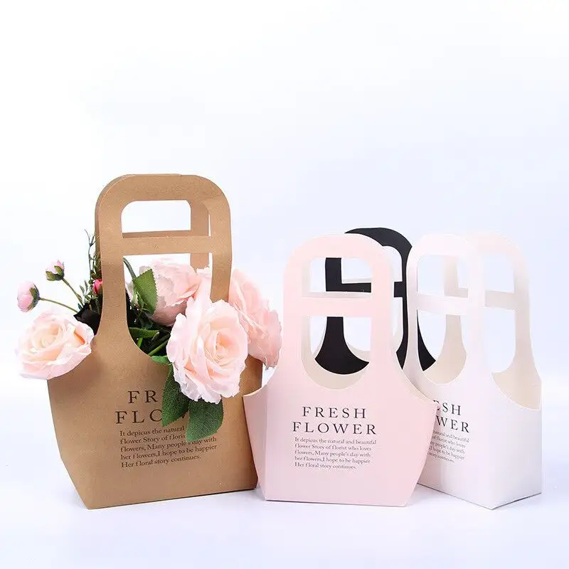 फूल बैग शॉपिंग लोगो डिजाइन कस्टम क्राफ्ट गुलाबी ब्राउन सफेद कार्ड कागज फूल गुलदस्ता वाहक फूल बैग