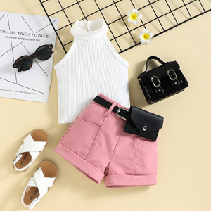 Children's Clothing Girls Clothing Sets Summer New Children's Sleeveless Top Solid Color Pocket Shorts Suit with Side <b>Purse</b> - Product Image 3