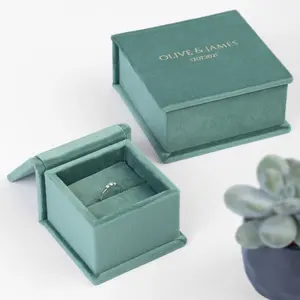 3x3x2.5 inches Green Velvet Jewelry Gift Box Hand-crafted Engagement Rings holder with a Magnetic Ribbon Clasp