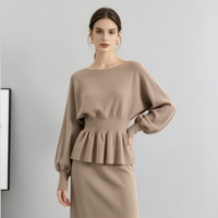 Ensemble deux pièces en maille unie pour femme, pull chauve-souris à manches longues et jupe midi taille haute, automne, polyester/coton, élégant