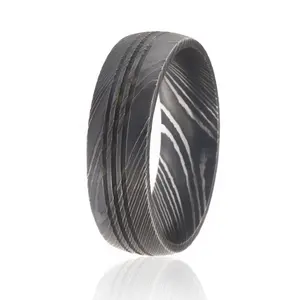 2023 nuovo articolo 100% anelli in acciaio damasco più venduti originali colore nero con tre scanalature per regalo di nozze uomini e donne