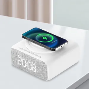Jam Alarm Digital Radio samping tempat tidur Lcd, jam Alarm Speaker gigi Radio Fm dengan pengisi daya Usb nirkabel Qi pengisian gigi biru