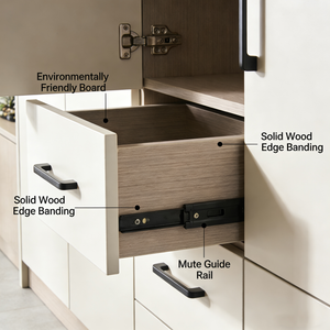 Armoire de rangement pour ustensiles de salle à manger en bois massif en forme de L personnalisée avec étagères ouvertes et grands tiroirs Design moderne - Product Image 4