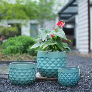 Pots de fleurs Mdj en céramique, 9, 11, 14 pouces, couleur turquoise, texture diamantée, trou de drainage, émaillés, pour usage domestique - Product Image 3