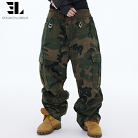 Pantalon cargo camouflage LARSUR sur mesure avec double ceinture, patchwork en sergé, coupe droite, style streetwear, jean camouflage