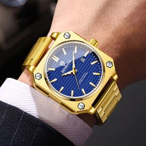 Binbond Men's Watch Gold Stainless Steel Quartz Blue Dial Luminous Calendar Square Fashion Watch - Product Image 3