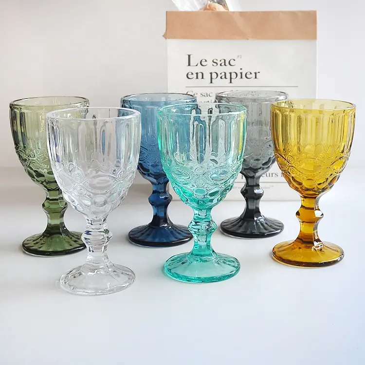 customized cheap vintage glass water goblet amber/black/cobalt blue colored decorative wine glassware