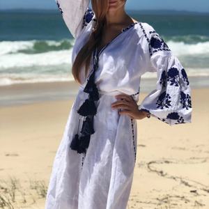 Elegante Vestido de Lino y Algodón Personalizable con Cuello en V, Estilo Casual, Corte en A, Mangas Abullonadas, Midi, Vestido de Verano para Mujer - Product Image 5