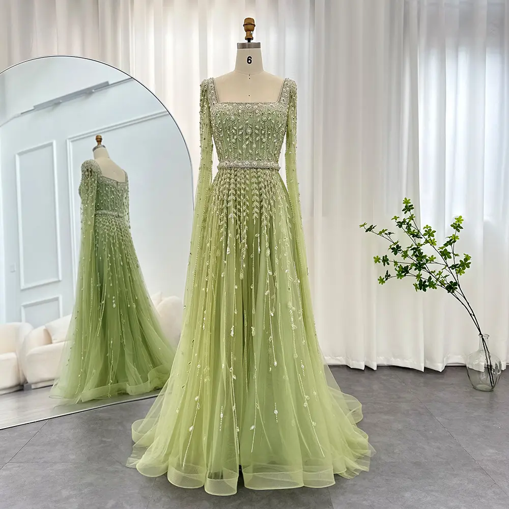 Scz032 Luxus Dubai Abendkleider für Frauen Hochzeit Square Neck Sleeves Arabisch Muslim Formale Party kleider