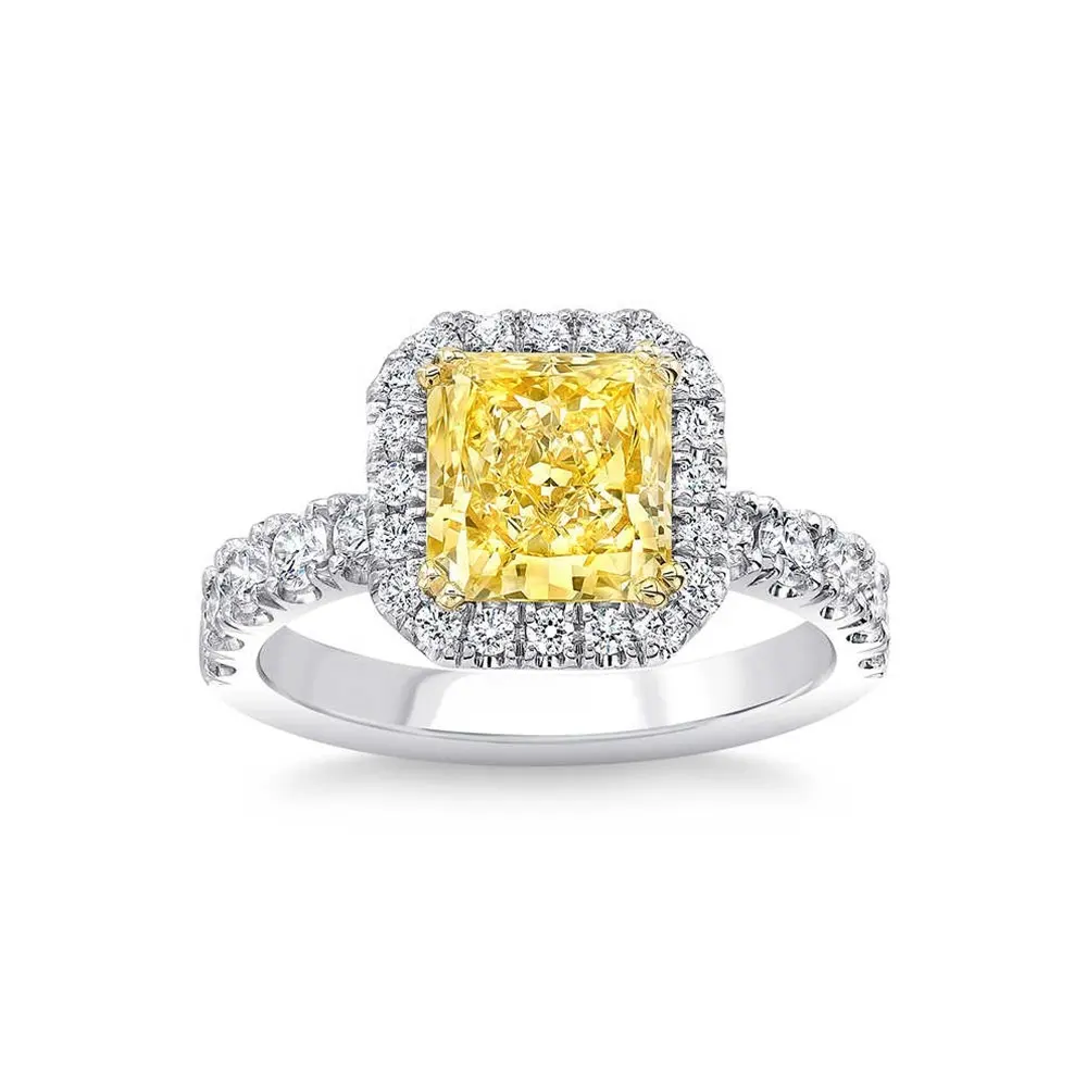 Высококачественные ювелирные изделия из серебра с родиевым покрытием, кольца с сияющим желтым кубическим цирконием 8A, обручальные кольца с ореолом