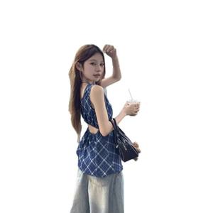 Débardeur Rétro Bleu à Carreaux pour Femme, Coupe Ajustée, Sans Manches, Col Carré, Tissu Tissé Polyester/Coton - Product Image 5