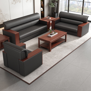 Canapé de bureau moderne de luxe en cuir avec prise de courant intégrée, bureau intelligent avec plateau rond, ensemble de canapés de direction en acier inoxydable - Product Image 1