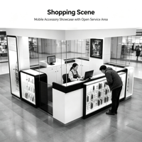 Kiosque de service téléphonique pour centres commerciaux sur toit, avec cloison vitrée, comptoir de travail isolant, affichage publicitaire numérique et vitrine latérale éclairée