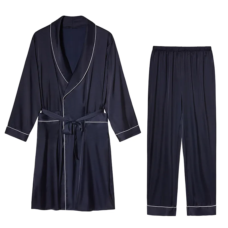 Pijama longo de cetim masculino, cor sólida, com bolso, vestido de noite, plus size, duas peças