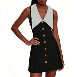 Vestido Mini con Cuello Blanco y Negro para Mujer - Vestido Formal Plisado con Botones Dorados, Vestidos de Moda - Product Image 2