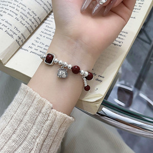 S925 Sterling Silver Cinnabar <b>Bead</b> <b>Bracelet</b> With Fortune Charm Geometric Design Women's Everyday Wear Jewelry - Product Image 3