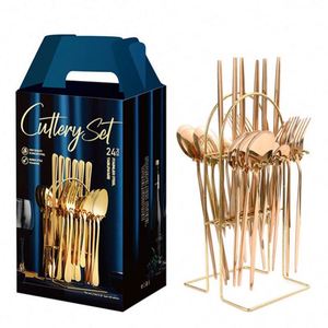 Stainless Steel Eco-Friendly Luxury Knife Fork Spoon Set 24pcs Gold Rose Gold Flatware Stand Food Grade High <b>Mirror</b> Polish - Product Image 2
