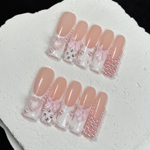 Venta caliente Extra largo ABS Press-On Nails Square Pink Pearl Heart Design Estilo <span class=keywords><strong>de</strong></span> manicura francesa hecho a mano para la aplicación del dedo - Product Image 5